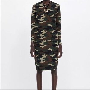 Zara Camouflage Long Sleeve Midi Dress in Green, Brown, Black